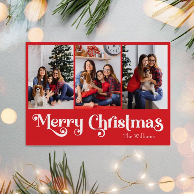 Classic Simple Red Merry Christmas Three Photo Holiday Card (Creator Uploaded)