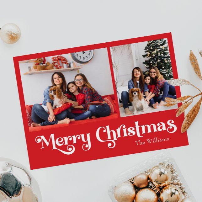 Classic Simple Red Merry Christmas Two Photo Holiday Postcard (Creator Uploaded)