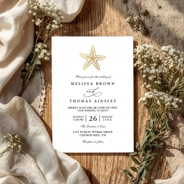 Classic Simple Shell Gold Elegant QR Code Wedding Invitation (Creator Uploaded)