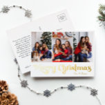 Classic Simple Three Photo Merry Christmas Gold Foil Holiday Postcard<br><div class="desc">Celebrate the season with this unique, classic simple three photo Merry Christmas gold foil holiday postcard featuring a touch of vintage charm. The minimalist design showcases an elegant gold colour palette, evoking the cosy spirit of winter. Its modern appeal, paired with the traditional wording, creates a perfect balance between luxury...</div>