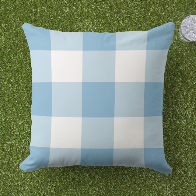 Classic Sky Blue White Large Gingham Check Cushion (Grass)