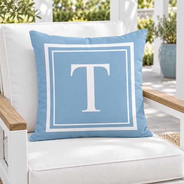 Classic Sky Blue White Square Frame Monogram Cushion (Creator Uploaded)