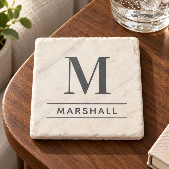 Classic Slate Grey Serif Monogram Name Stone Coaster (Creator Uploaded)