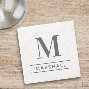 Classic Slate Grey Serif Monogram Name Stone Coaster