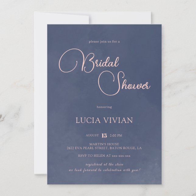 Classic Smokey Navy Blue Typography Bridal Shower Invitation (Front)