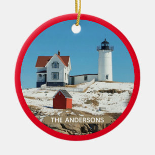Classic Snow Covered Nubble Lighthouse Ceramic Tree Decoration