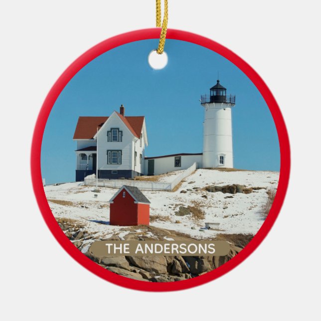Classic Snow Covered Nubble Lighthouse Ceramic Tree Decoration (Front)