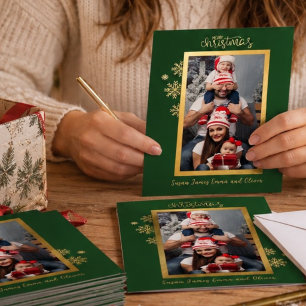 Classic Snowflake Green Gold Foil Photo Christmas