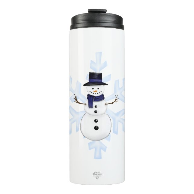 Classic Snowman Blue Scarf Blue Snowflakes Thermal Tumbler (Front)
