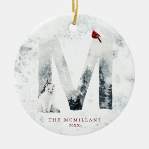 Classic Snowy Christmas Winter Scene Monogram M Ceramic Tree Decoration