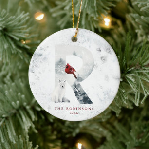 Classic Snowy Christmas Winter Scene Monogram R Ceramic Tree Decoration