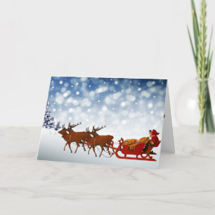 Classic Snowy Santa Reindeer Sleigh Christmas Holiday Card