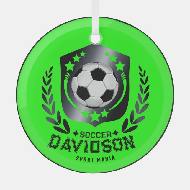 Classic Soccer Shield | Custom Text and Background Glass Tree Decoration (Front)