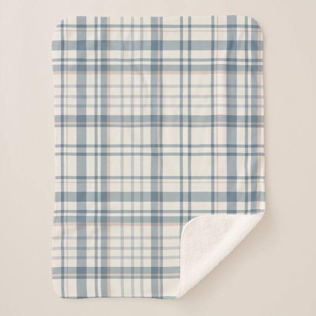 Classic Soft Blue & Beige Plaid Sherpa Blanket (Front)