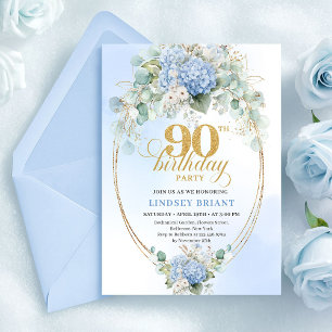 Classic Soft Blue Floral 90th Birthday Invitation