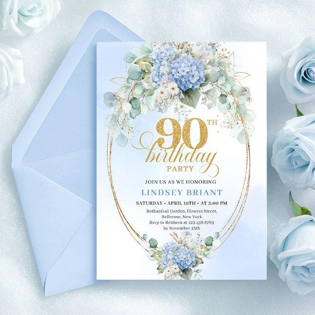 Classic Soft Blue Floral 90th Birthday Invitation (Classic Soft Blue Floral 90th Birthday Invitation)