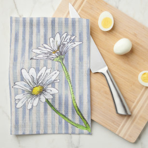 Classic Soft Blue Striped Watercolor Daisy Tea Towel