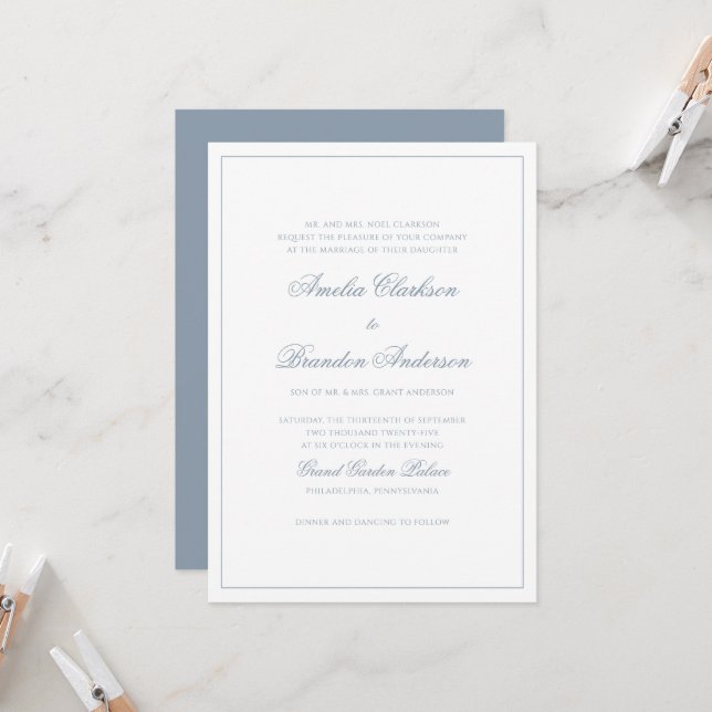 Classic Soft Dusty Blue & White Border Wedding Invitation (Front/Back In Situ)
