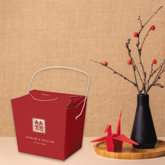 Classic Square Double Happiness Chinese Wedding Favour Box (Red/Gold Classic Square Double Happiness Chinese Wedding Party Favor Boxes @ fatfatin_red_knot)