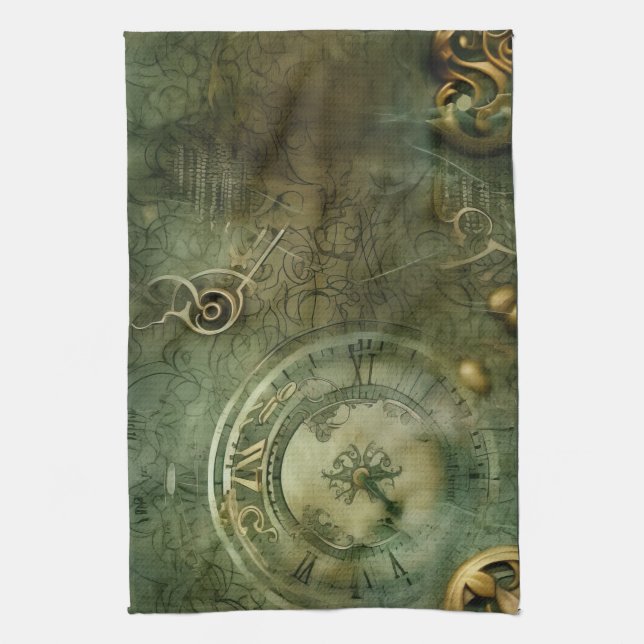 Classic Steampunk Clockwork Emerald Green Tea Towel (Vertical)