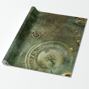Classic Steampunk Clockwork Emerald Green Wrapping Paper