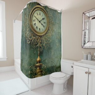 Classic Steampunk Clockwork with Emerald Rustic Shower Curtain