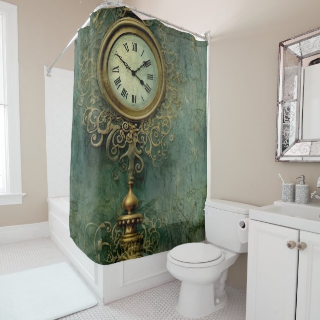 Classic Steampunk Clockwork with Emerald Rustic Shower Curtain (In Situ)