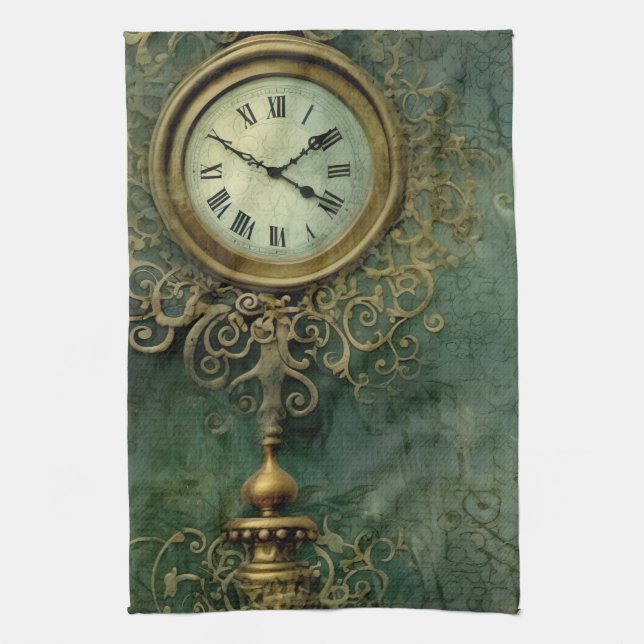 Classic Steampunk Clockwork with Emerald Rustic Tea Towel (Vertical)
