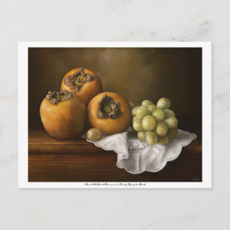 Classic still life with persimmons and grape postc postcard