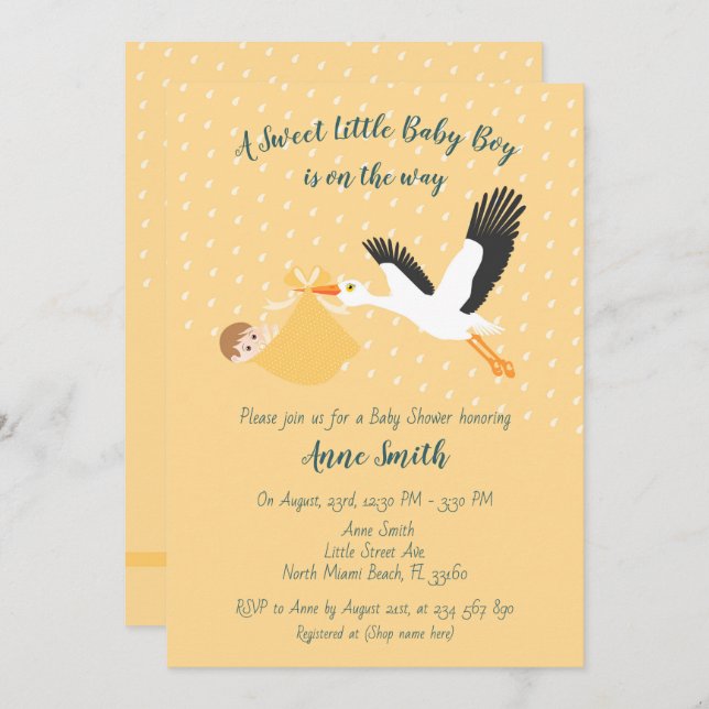 Classic Stork Baby boy Shower Invitation (Front/Back)