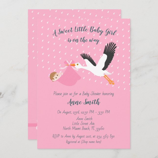 Classic Stork Baby girl Shower Invitation (Front/Back)