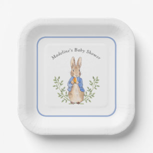 Classic Storybook Rabbit Blue Vintage Baby Shower Paper Plate