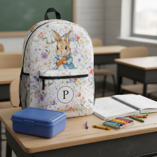 Classic Storybook Rabbit Floral Custom Initial Printed Backpack