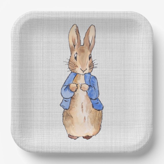 Classic storybook rabbit grey linen  paper plate (Front)