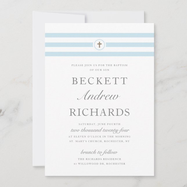 Classic Stripe Blue Boys Baptism Invitation (Front)