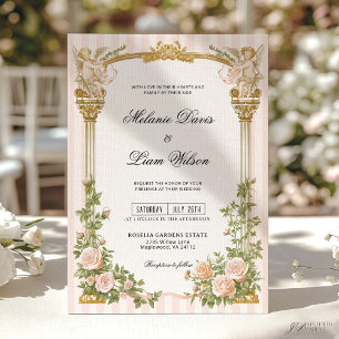Classic Stripe & Blush Pink Floral Cherub Wedding Invitation