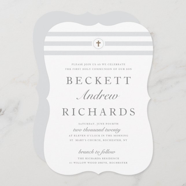 Classic stripe first holy communion invitation (Front/Back)
