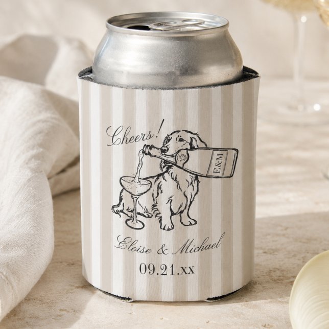 Classic Stripe Hand Sketch Dachshund Wedding Can Cooler (Classic Stripe Hand Sketch Dachshund Wedding Can Cooler)