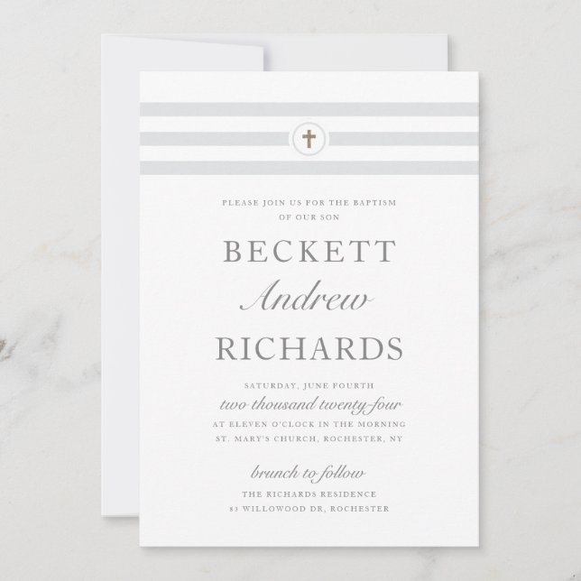 Classic Stripe Religious Baptism Invitation (Front)