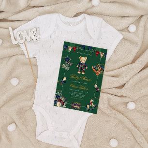 Classic Stripe Rustic Plaid Teddy Bear Baby Shower Invitation