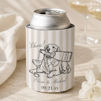 Classic Stripe Sketch Golden Retriever Wedding Can Cooler