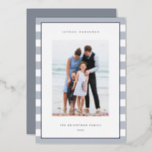 Classic Stripe | Vertical Photo Hanukkah Silver<br><div class="desc">Share holiday greetings with these Hanukkah photo cards featuring your favourite photo set on a background of pale grey and white stripes with luxe silver foil trim. An editable message area lets you customise your Chanukah or holiday greeting. Add your family name or names beneath along with the year.</div>