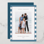 Classic Stripe | Vertical Photo Hanukkah Silver<br><div class="desc">Share holiday greetings with these Hanukkah photo cards featuring your favourite photo set on a background of coastal blue and white stripes with luxe silver foil trim. An editable message area lets you customise your Chanukah or holiday greeting. Add your family name or names beneath along with the year.</div>
