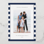 Classic Stripe | Vertical Photo Hanukkah Silver<br><div class="desc">Share holiday greetings with these Hanukkah photo cards featuring your favourite photo set on a background of light blue and white stripes with luxe silver foil trim. An editable message area lets you customise your Chanukah or holiday greeting. Add your family name or names beneath along with the year.</div>