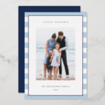 Classic Stripe | Vertical Photo Hanukkah Silver<br><div class="desc">Share holiday greetings with these Hanukkah photo cards featuring your favourite photo set on a background of pale blue and white stripes with luxe silver foil trim. An editable message area lets you customise your Chanukah or holiday greeting. Add your family name or names beneath along with the year.</div>
