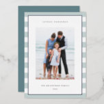 Classic Stripe | Vertical Photo Hanukkah Silver<br><div class="desc">Share holiday greetings with these Hanukkah photo cards featuring your favourite photo set on a background of pale aqua and white stripes with luxe silver foil trim. An editable message area lets you customise your Chanukah or holiday greeting. Add your family name or names beneath along with the year.</div>