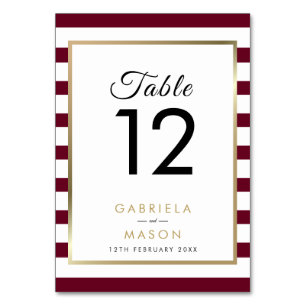 Classic Stripe Wedding Burgundy    Faux Gold Foil Table Number