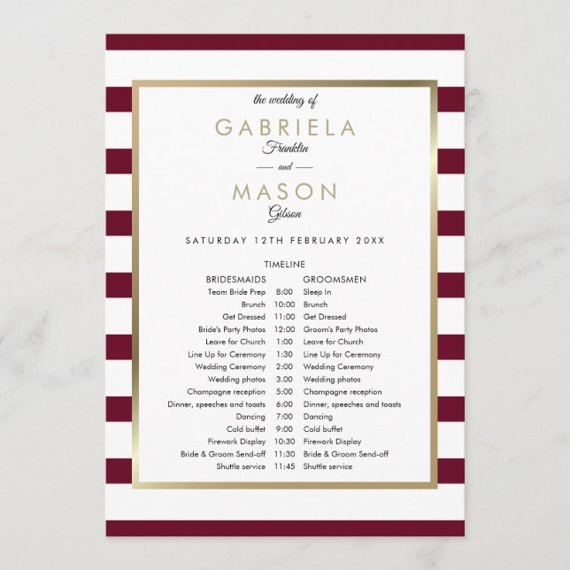 Classic Stripe Wedding Schedule Timeline Programme (Front)