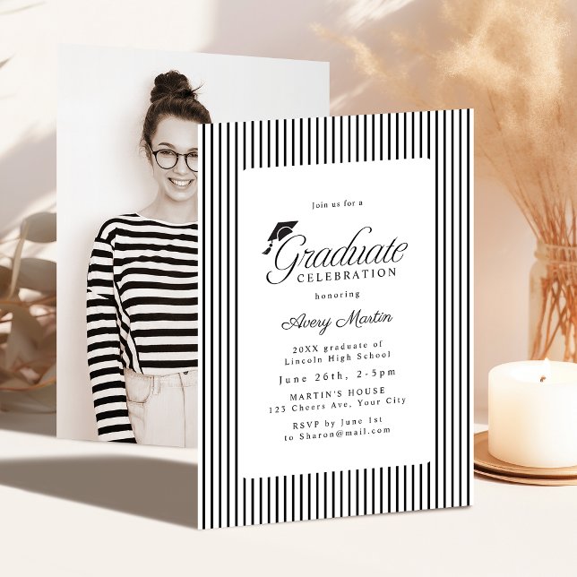 Classic Striped Elegance Script Photo Graduation Invitation (Classic Striped Elegance Script Photo Graduation Invitation)