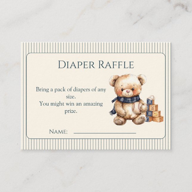 Classic Striped Teddy Bear Diaper Raffle Cards (Front)